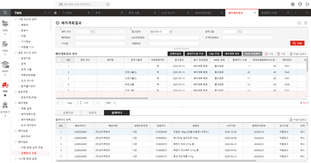 TMS 배차계획결과 시스템 캡처 화면